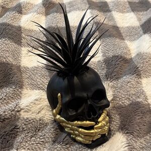 Black Skull Fake Planter with Gold Accents